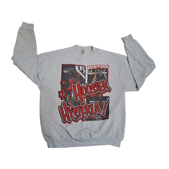 Vtg Indiana University Hoosier Hysteria Graphic Sweatshirt Mens XL Gray 90's - Picture 1 of 11